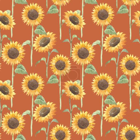 Beautiful vector floral seamless pattern with watercolor yellow sunflowers. Stock illustration.