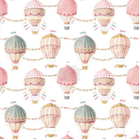 Beautiful vector seamless pattern with cute watercolor hand drawn air balloons. Stock illustration.