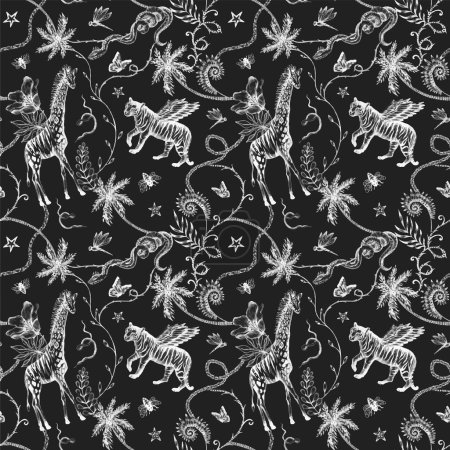 Illustration for Beautiful vector trendy seamless pattern with hand drawn chimera animals. Stock fashionable textile illustration. - Royalty Free Image