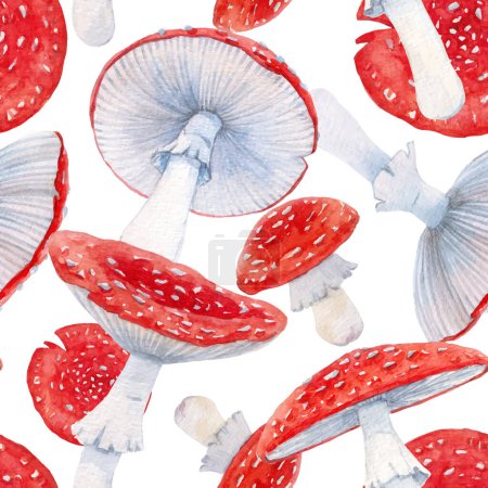 Illustration for Beautiful vector seamless pattern with watercolor forest amanita mushroom. Stock illustration. - Royalty Free Image