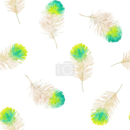 Ilustración de Beautiful vector autotraced seamless pattern with watercolor green bird feathers. Stock illustration. - Imagen libre de derechos