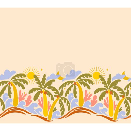 Ilustración de Beautiful vector old style 70s retro floral seamless pattern with colorful palms waves. Stock surfing illustration. - Imagen libre de derechos