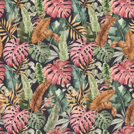 Illustration for Beautiful autotraced vector seamless pattern with watercolor colorful tropical palm leaves. Stock illustration. - Royalty Free Image