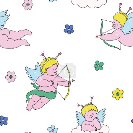 Illustration for Beautiful vector kid seamless pattern with cute little putti angels with flowers. Stock illustration. - Royalty Free Image