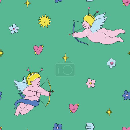 Photo for Beautiful vector kid seamless pattern with cute little putti angels with flowers and hearts. Stock illustration. - Royalty Free Image