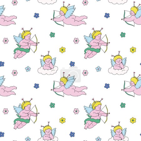 Illustration for Beautiful vector kid seamless pattern with cute little putti angel. Stock illustration. - Royalty Free Image