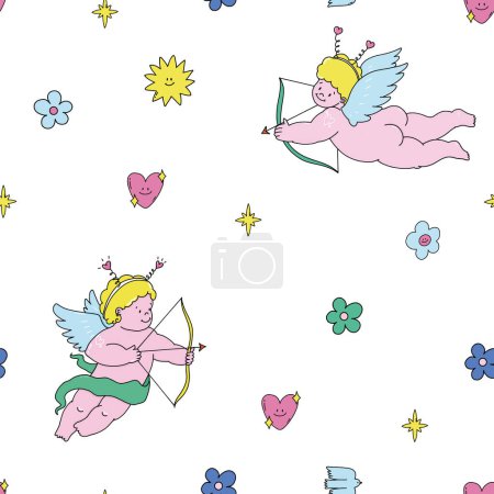 Illustration for Beautiful vector kid seamless pattern with cute little putti angels with flowers and hearts. Stock illustration. - Royalty Free Image