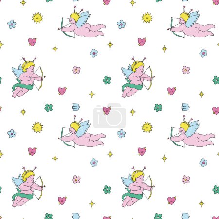 Photo for Beautiful vector kid seamless pattern with cute little putti angels with flowers and hearts. Stock illustration. - Royalty Free Image