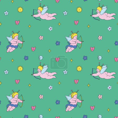 Illustration for Beautiful vector kid seamless pattern with cute little putti angels with flowers and hearts. Stock illustration. - Royalty Free Image