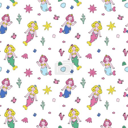 Illustration for Beautiful vector seamless pattern with cute mermaids and sea life. - Royalty Free Image