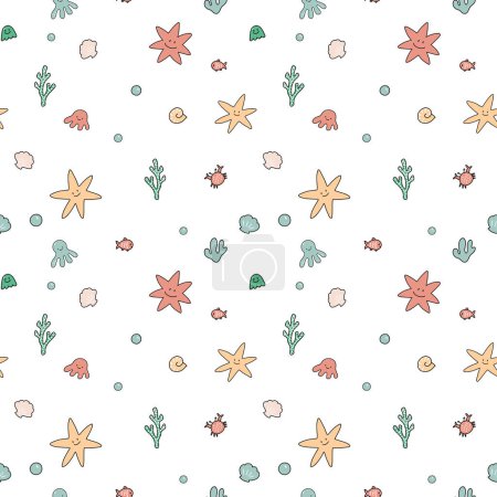 Photo for Beautiful vector kid seamless pattern with cute little colorful underwater sealife animals and plants. Stock illustration. - Royalty Free Image