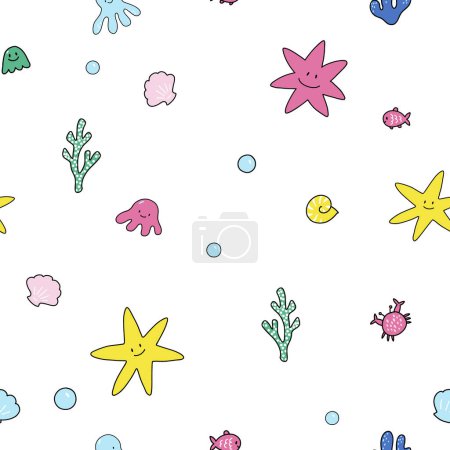 Illustration for Beautiful vector kid seamless pattern with cute little colorful underwater sealife animals and plants. Stock illustration. - Royalty Free Image
