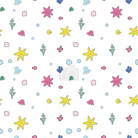 Photo for Beautiful vector kid seamless pattern with cute little colorful underwater sealife animals and plants. Stock illustration. - Royalty Free Image