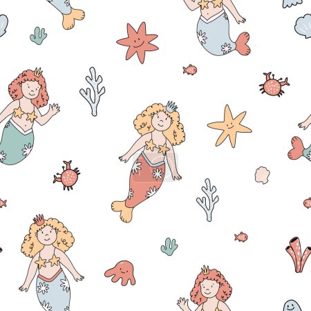 Photo for Beautiful vector seamless pattern with cute mermaids and sea life. - Royalty Free Image