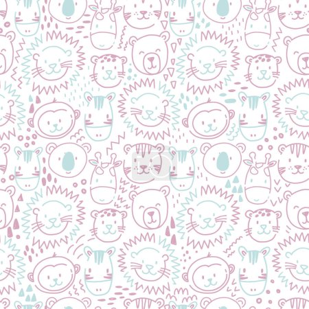 Illustration for Beautiful kids vector seamless pattern with cute lion faces. Children stock illustratrion. - Royalty Free Image