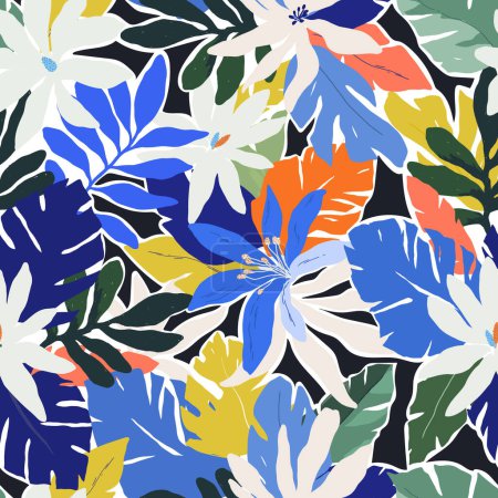 Photo for Beautiful vector tropical seamless pattern with digital palm tree leaves and jungle flowers. Stock floral design for textile, gift wrapping and wallpapers. - Royalty Free Image