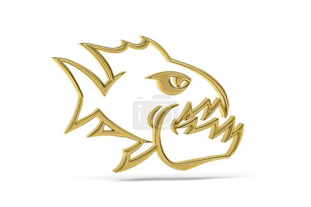 Goldenes 3D-Piranha-Symbol isoliert auf weißem Hintergrund - 3D-Renderer