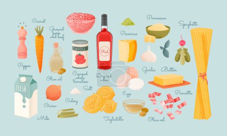 Illustration for Vector set delicious store products. Postcard with different types of food. Cartoon style with vintage texture unique food sticker. Vector illustration - Royalty Free Image