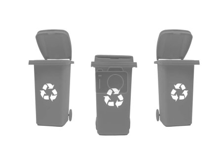 Three gray trash cans isolated on a white background.