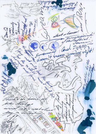 Foto de Doodle con textos en inglés escritos con tinta. Manchas de tinta, dibujos vagos. - Imagen libre de derechos