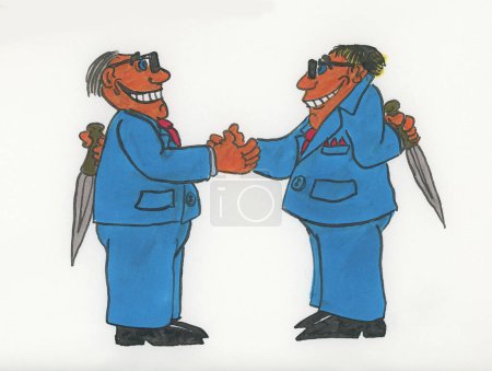Photo for Two men smile and greet each other. Both have their daggers ready to stab. Cheating concept - Royalty Free Image