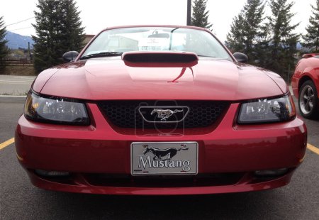 Foto de Creston, BC, Canadá - 19 de abril 2014 Ford Mustang espectáculo en la celebración del 50º cumpleaños. Frente a un Ford Mustang rojo 4ª generación. - Imagen libre de derechos