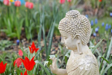 Photo for Portrait of a white garden buddha with his hand pointed up combined with red tulips. The hand gesture of this Buddha is called Abhaya Mudra - Royalty Free Image