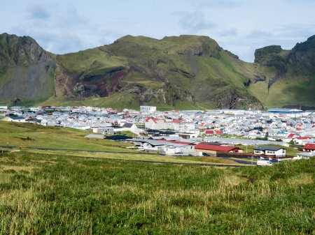 Vue panoramique de la ville de Heimaey sur l'île de Heimaey - Îles Westman, Islande