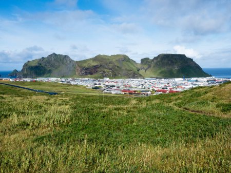 Vue panoramique de la ville de Heimaey et des paysages environnants sur l'île de Heimaey - Îles Westman, Islande