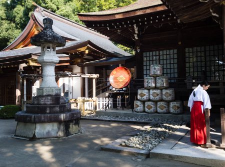 Photo for Kofu, Yamanashi prefecture, Japan - October 26, 2017: On the grounds of Takeda Shrine, a Shinto shrine dedicated to the spirit of Takeda Shingen - Royalty Free Image