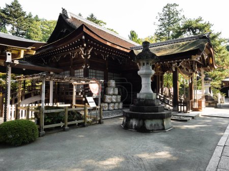 Photo for Kofu, Yamanashi prefecture, Japan - October 26, 2017: Haiden hall of Takeda Shrine, a Shinto shrine dedicated to the spirit of Takeda Shingen - Royalty Free Image