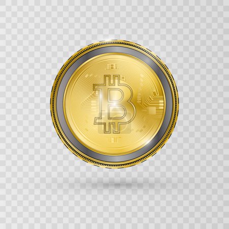 Bitcoin-Goldmünze. Kryptowährungssymbol Bitcoin isoliert auf hellem Hintergrund mit hellen Lichtstrahlen. Realistische Vektorillustration.