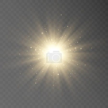 Illustration for A yellow star explodes on a transparent background. Glittering particles of fairy dust. Bright Star. Transparent bright sun, bright flash. Glitter vector. Center a bright flash - Royalty Free Image