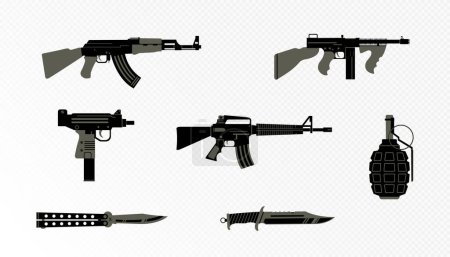 Illustration pour Ensemble d'icônes vectorielles d'armes. Couteau-pistolet automatique, AK-47, M-16, Grenade à main. - image libre de droit