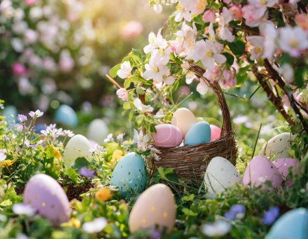 In this delightful Easter scene, vibrant eggs adorned in various hues create a kaleidoscope of colors, bringing the spirit of celebration to life. The sun bathes the scene in warm rays, casting a golden glow on the lush green grass below.