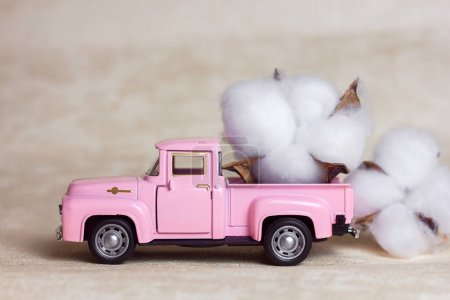 Photo for Pink vintage car pickup truck children's toy car and cotton flower, selective focus - Royalty Free Image