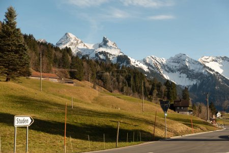 Photo for Einsiedeln area, Canton Schwyz, Switzerland, February 20, 2023 Fascinating alpine panorama view on a sunny winter day - Royalty Free Image