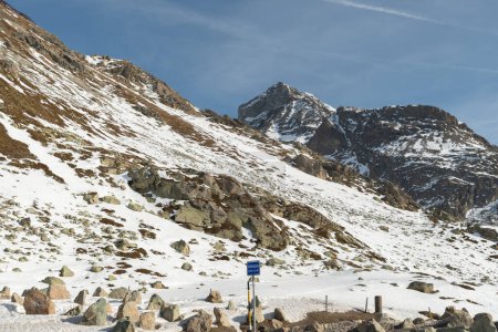 Photo for Julier pass, Switzerland, February 21, 2023 Alpine winter wonderland on the top of the Julier pass street on a sunny day - Royalty Free Image