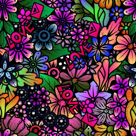 24052101 Fleurs colorées et feuilles gribouillis sans couture