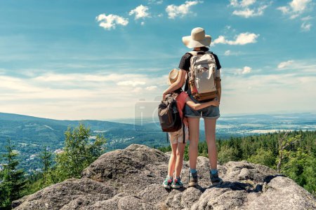 Téléchargez les photos : Jeunes enfants avec des sacs à dos debout au sommet d'une montagne et regardant la vallée - en image libre de droit