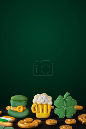 Vertical Saint Patricks day background with gold horseshoe and four leaf clovers on a dark background