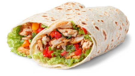 Tortilla-Wrap mit gebratenem Hühnerfleisch und Gemüse isoliert auf weißem Hintergrund
