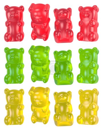 Set of red, yellow and green jelly gummy bears isolated on white background high quality details, 3D rendering 