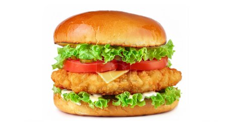 Photo for Crispy deep Fried Chicken Burger with cheese, tomato, lettuce, pickles and mayonnaise isolated on white background - Royalty Free Image
