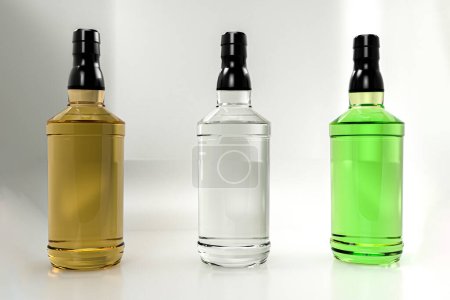 Téléchargez les photos : Rendu 3D - Trois bouteilles exclusives d'alcool isolées sur fond blanc détails de haute qualité - en image libre de droit