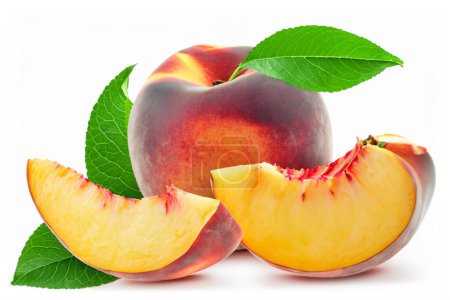 Photo for Fresh Peach slice and whole with leaves isolated on white background - Royalty Free Image