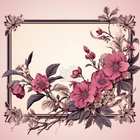 Téléchargez les photos : Cadre floral élégant avec des fleurs roses et des feuilles grises sur un fond pastel, parfait pour les invitations ou les cartes de vœux. - en image libre de droit