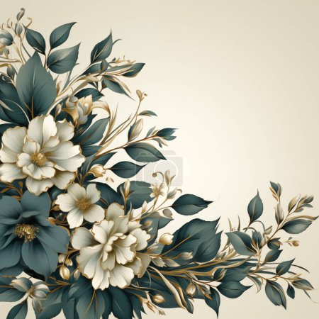 Téléchargez les photos : Design floral élégant avec des fleurs bleues et blanches et des feuilles dorées sur fond crème, adapté aux cartes de vœux ou aux invitations de mariage. - en image libre de droit