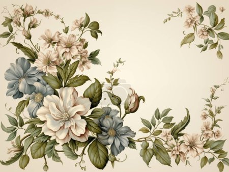 Téléchargez les photos : Élégant design floral vintage avec des fleurs et des feuilles en fleurs sur un fond pastel, adapté pour le papier peint ou les cartes de voeux. - en image libre de droit