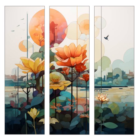 Photo for This vibrant triptych art piece juxtaposes stylized floral elements against a soft-toned urban backdrop, creating a harmonious blend of nature and city life - Royalty Free Image